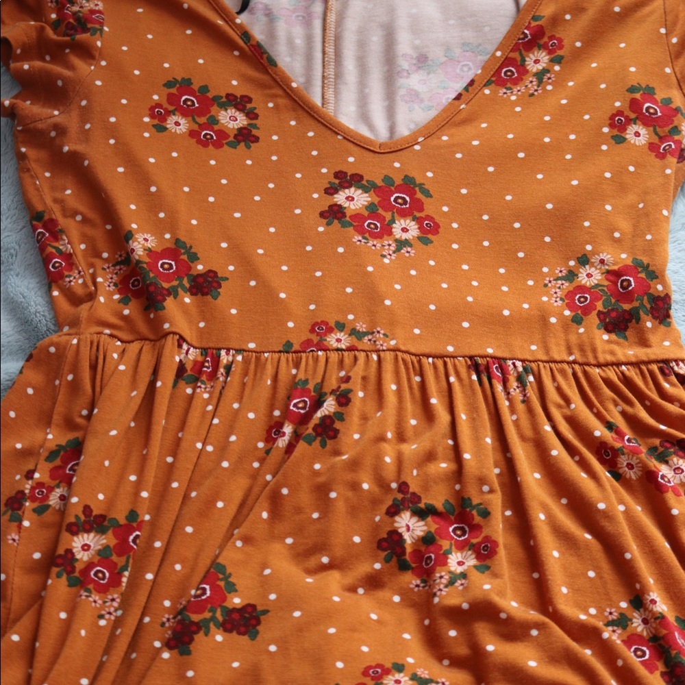 Burnt Orange/Brown Floral Print Low Cut Dress